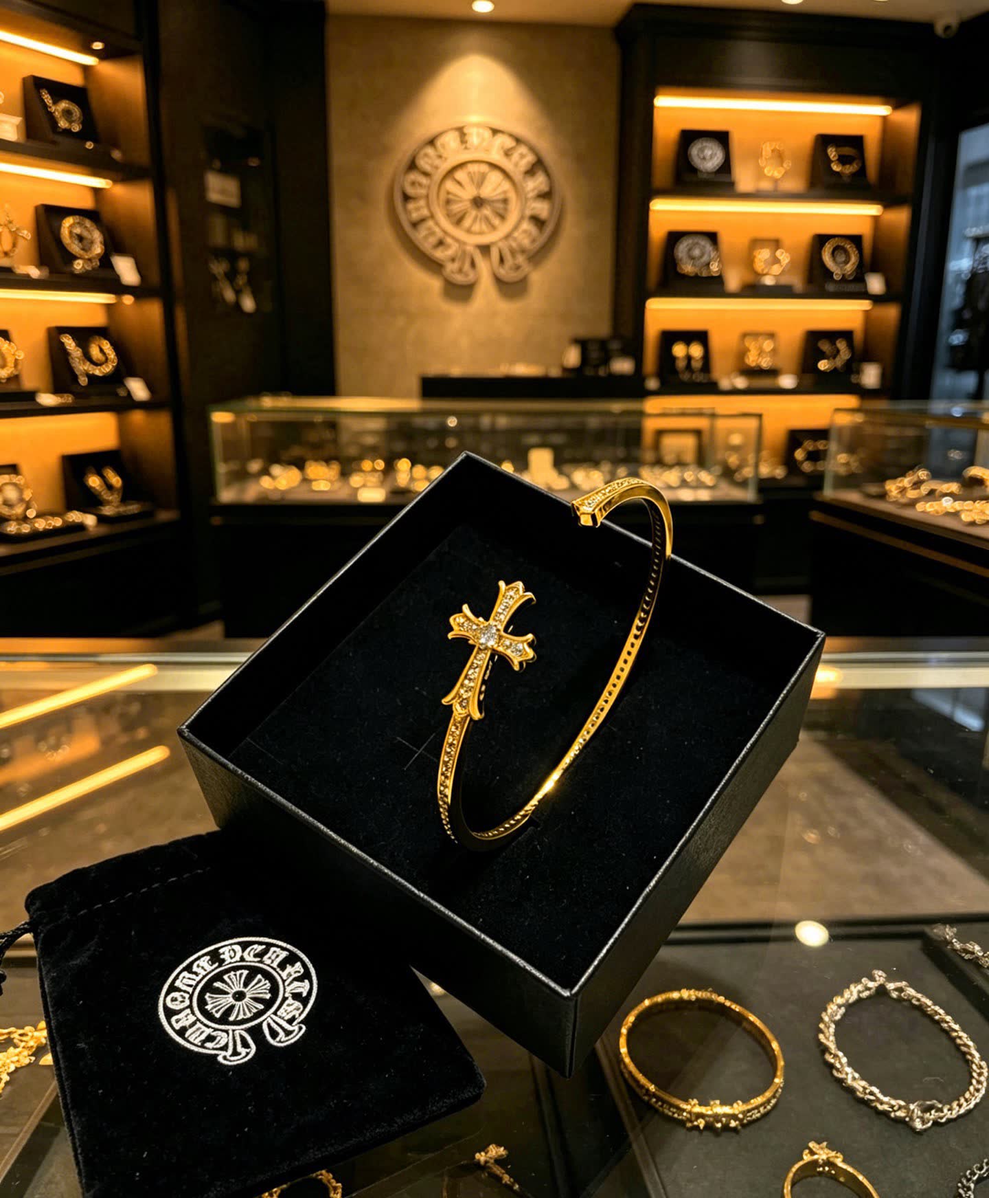 Chrome Hearts Elegant Gold Cross Bracelet with Crystal Accents